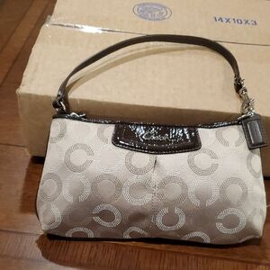 Coach Beige Signature Jacquard Wristlet with Brown Patent Trim